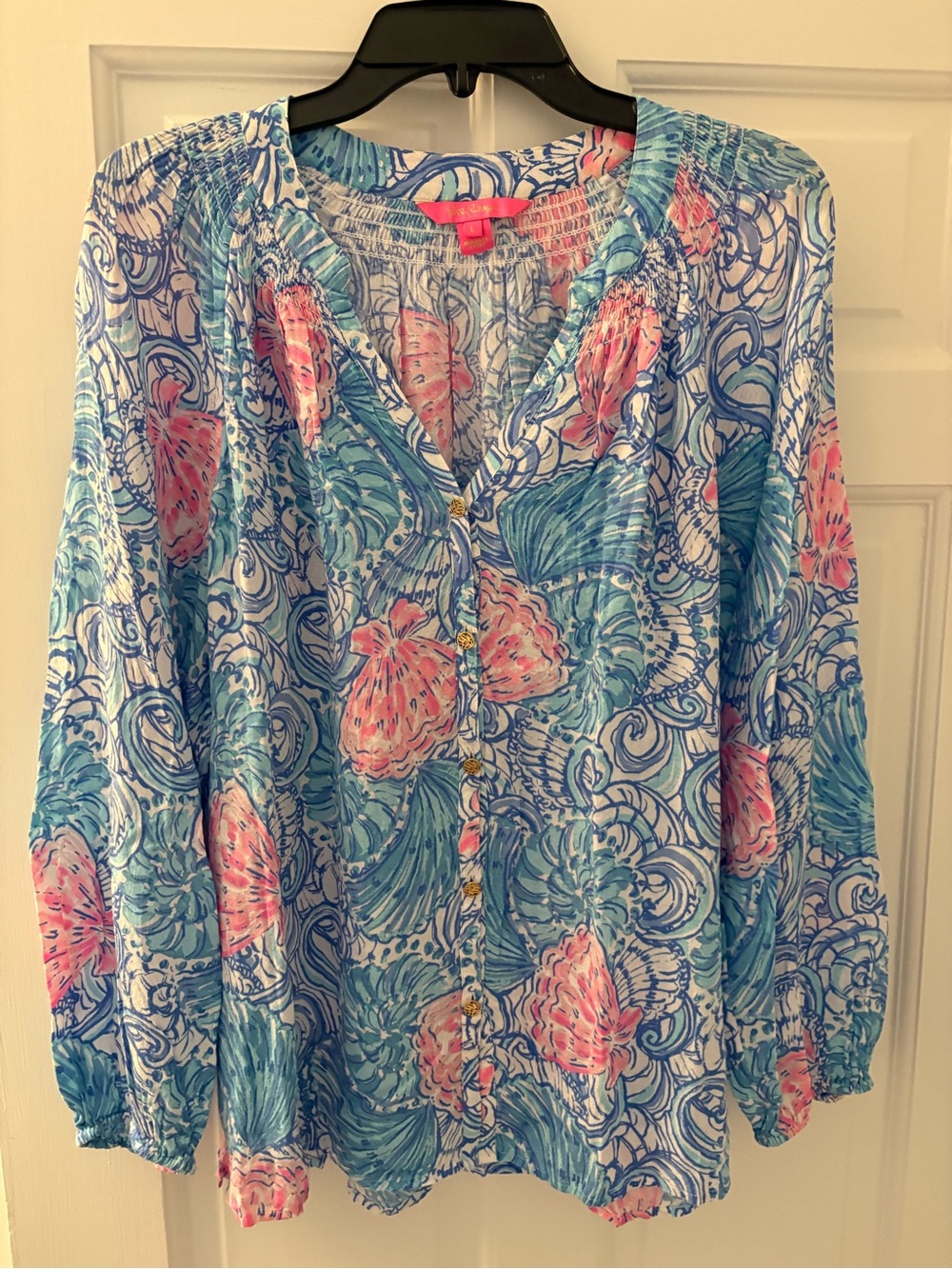 Lilly Pulitzer Blue & Pink Shell-Print Peasant Blouse